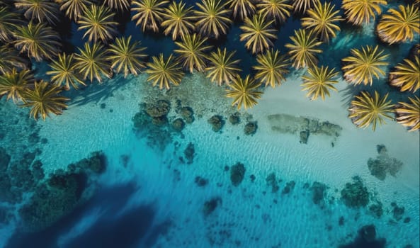 The image shows an aerial view of a tropical beach. The beach is lined with a row of palm trees, and the water is a vibrant turquoise color. There are several large rocks just off the shore, and the sand is a light white color.