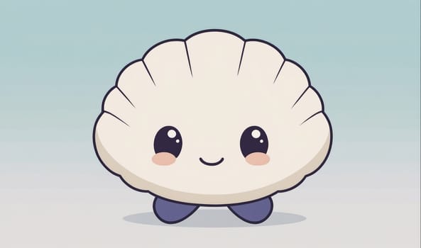 A cartoon clam with large eyes and a big smile is drawn in a simple style against a blue background. The clam has small, purple feet and is depicted with a white shell.