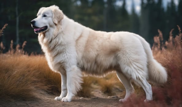 A large white dog with long fur is standing on a path in a field. The grass in the field is tall and brown. The dog's tail is curled up and it's looking to the left of the frame.