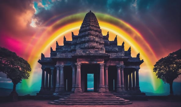 An ancient temple with large pillars and a tall, pointed roof is silhouetted against a vibrant rainbow. The sky is full of bright hues of pink, purple, and orange. There are trees on either side of the temple.