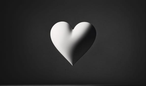 A 3D, white heart shape is suspended in mid-air against a dark, grainy backdrop. A thin white line can be seen at the bottom of the image. The heart appears to be still, although its appearance suggests it may be moving or spinning slowly.