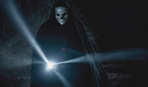 A person wearing a black robe and a white skull mask is standing in a dark forest. Bright light from an unknown source shines across the scene.