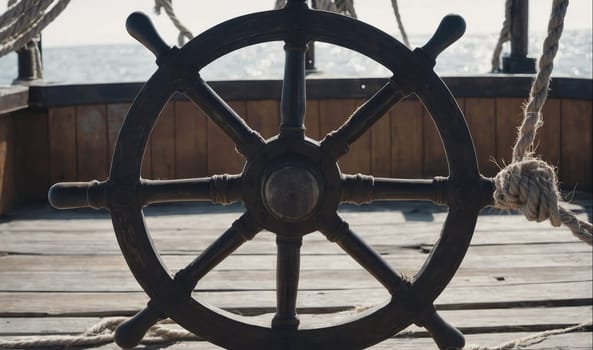 The ship's wheel sits on a wooden deck with a rope knotted to the wheel and a view of the ocean waves in the background.