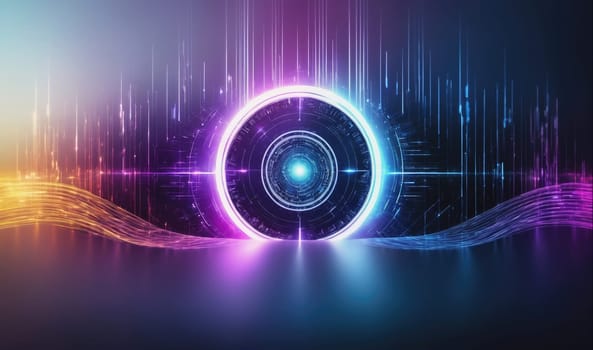 The image depicts a futuristic, digital landscape featuring a large, glowing circle at its center. The circle is surrounded by lines of light in various colors, including purple, blue, and yellow. The image has a digital and abstract feel, perhaps representing a portal or a gateway to a new world.