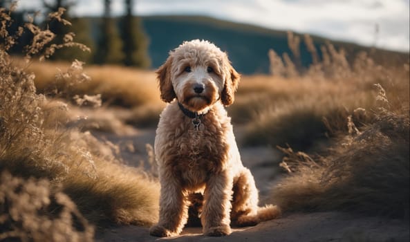 A brown dog sits on a trail in the woods. The dog is wearing a collar and has a white patch of fur on its head. It is surrounded by tall, brown grass. The background is blurry and out of focus.