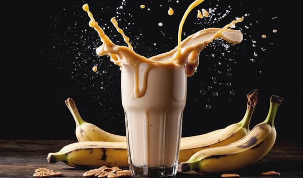 A glass of banana smoothie is splashing out of the glass onto a wooden table. The smoothie is a light brown color and is surrounded by three bananas.