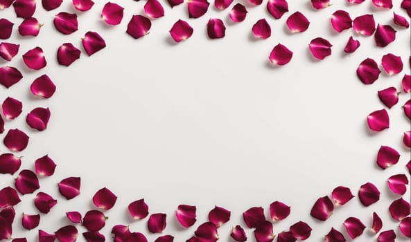 A frame of red rose petals surrounds a blank white space. The petals are scattered around the edges of the frame, with some overlapping. The petals are a deep red color and have a slightly velvety texture.