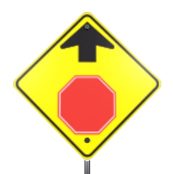 A caution sign featuring a stop octagon and an upward arrow highlights road safety.