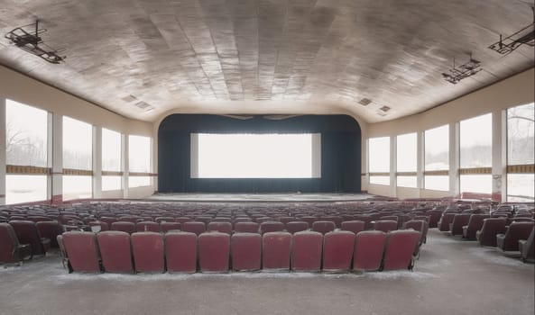 An empty movie theater with rows of seats facing a large screen. The seats are mostly red with some in gray. The theater is very large and empty, and it looks like it has been abandoned for some time.