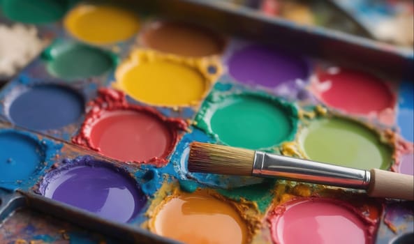 A paintbrush lies on a watercolor palette full of various colors, some of which have been used.