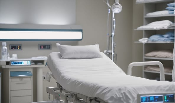 A hospital bed is shown in a modern hospital room with white walls, a white ceiling, and a white floor. The bed is empty and has a white sheet and pillow. There is a medical device on the side of the bed. In the background is a white shelf with white pillows and blue towels on it.