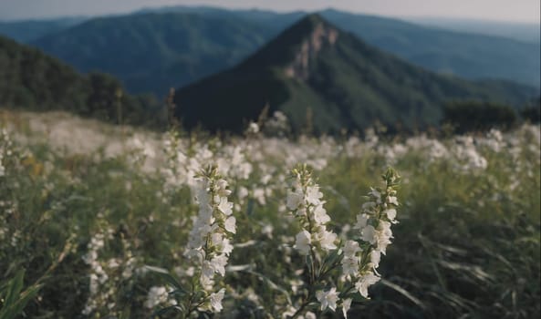 A field of white flowers with a mountain in the background. The flowers are in full bloom and the mountain is covered in green grass. The scene is peaceful and serene, with the flowers