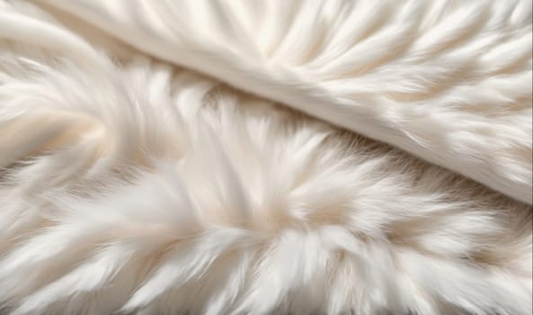 A piece of fluffy, white fabric, possibly a rug, is shown close-up. The fibers are light and fluffy, with a soft, velvety texture. The fabric is folded, showing the intricate details of the fibers and the way they move and bend.