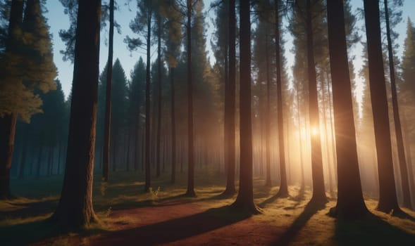A view of a dense forest with many trees and the setting sun shining through the branches.
