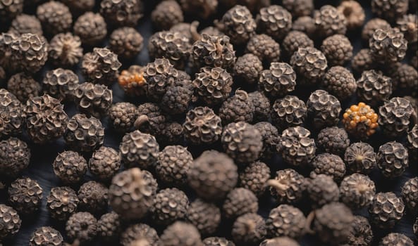 A bunch of black pepper seeds are spread out on a table. The seeds are small and round, and they are all different sizes. The image has a rustic and natural feel to it
