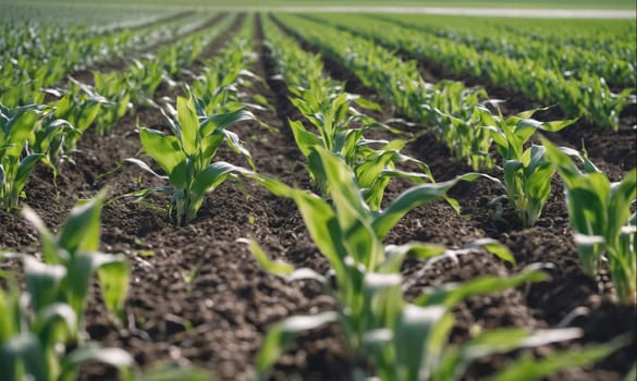 A close-up view of a field of corn plants, with the focus on the rows of young plants. The plants are growing in dark brown soil, and the leaves are a vibrant green. The field extends into the distance, and the sun is shining brightly on the scene.