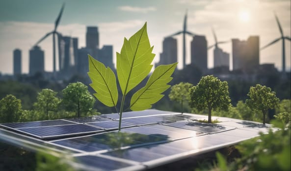 A green leaf is shown growing on a solar panel. The panel is situated in the foreground of the image, with several trees growing around it. Behind the trees, a city skyline is visible, with several wind turbines spinning in the distance. The sun is setting in the background, casting a warm glow over the scene. The image is a metaphor for the use of renewable energy sources to create a more sustainable future.