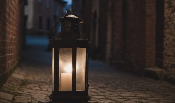 A black lantern with a lit candle sits in the middle of a cobblestone street in a dimly lit alleyway. The street is lined by brick walls.