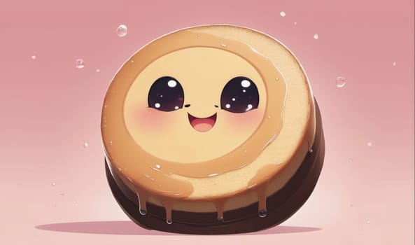 A cute, yellow cake with a chocolate bottom and chocolate drizzle is smiling and has big, happy eyes. The cake is set against a pink background.