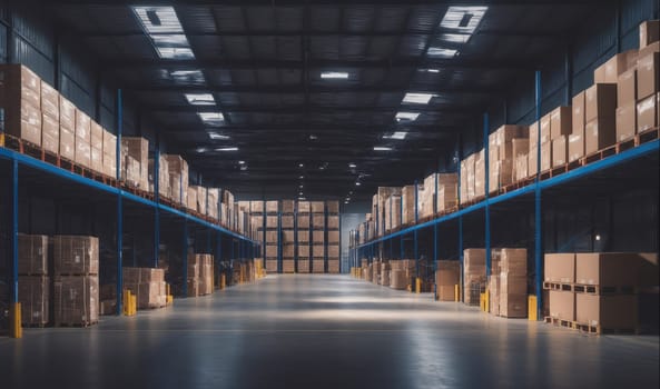 A long, empty warehouse with rows of shelves filled with boxes. The shelves are blue and the boxes are brown. The floor is concrete and the lighting is bright. The warehouse is empty except for the boxes.