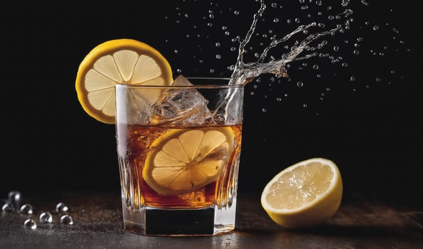 A glass of whiskey with a lemon wedge and ice is on a dark table. The whiskey is amber in color and the lemon is bright yellow. Water is splashing from the glass, creating a dynamic and refreshing scene. The dark background provides a dramatic contrast to the bright and colorful drink.
