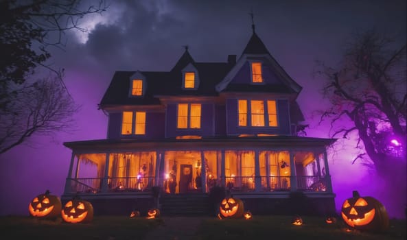 A large, old house with a wraparound porch is decorated for Halloween with jack-o-lanterns. The house is lit with warm yellow lights, and the surrounding yard is shrouded in a thick fog. The sky is dark, with a hint of purple.
