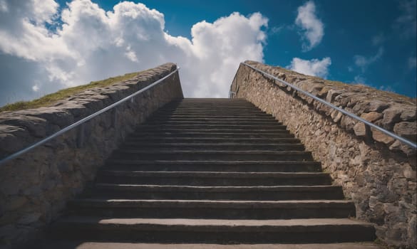 A long, stone staircase with metal railings on either side extends upwards. The stairs are made of large, flat stones, and the railings are made of smooth, silver metal. The stairs are surrounded by a stone wall on either side, and the wall is made of smaller, rough-hewn stones. The background is a bright blue sky with fluffy white clouds. The image is taken from a low angle, looking up the stairs.