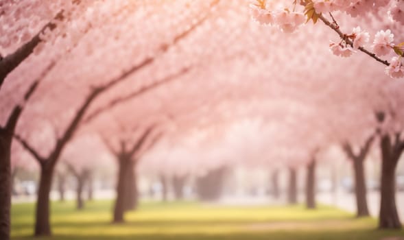 A row of trees with pink cherry blossoms cover the branches. The trees are in a park, with green grass below and a paved path in the distance. The day is sunny, with sunlight filtering through the branches.
