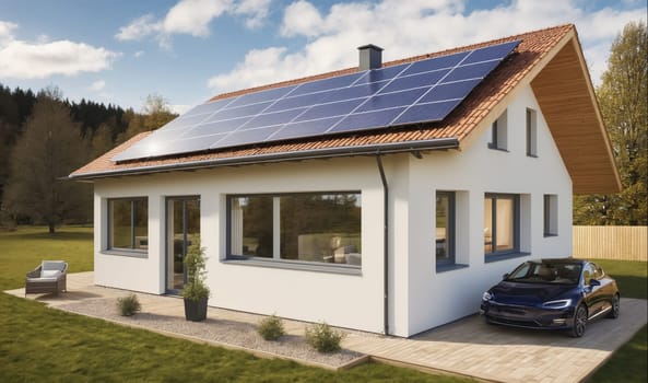 A modern house with solar panels on the roof is set in a suburban neighborhood with a grassy lawn and a black electric car parked in the driveway. There are large windows throughout the house. A chair is placed on the lawn.