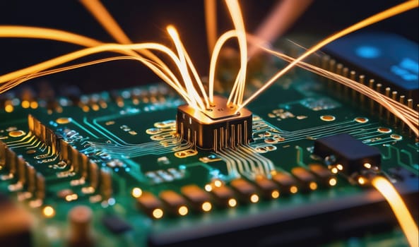 A close-up image of a circuit board with many small components and wires. The image focuses on a chip in the center of the frame, with several glowing wires connecting to it. The wires are a bright orange color, and the background is a dark green color.