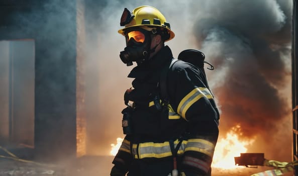 The image shows a firefighter wearing a respirator and protective gear. The firefighter is standing in front of a burning building. There is smoke in the air and flames visible in the background.