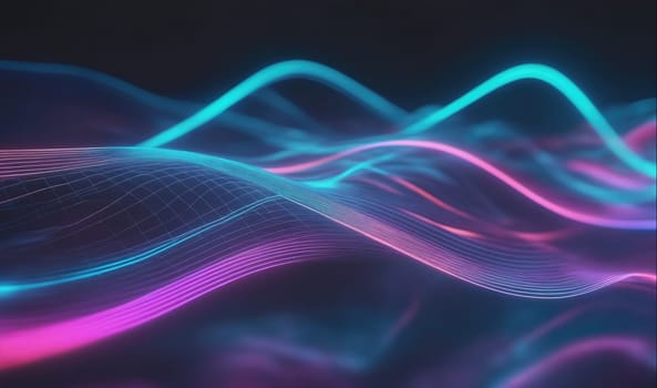 An abstract design with glowing pink and blue lines that flow and curve in waves. The lines are bright and appear to be translucent, as some of them overlap and blend together. The background is a deep black, which helps to highlight the vivid colors of the lines.