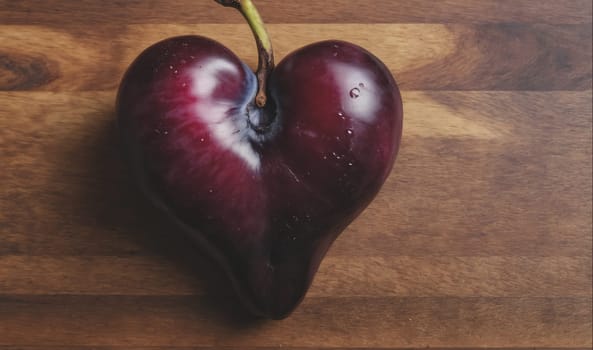 A dark red plum shaped like a heart sits on a brown wooden cutting board with a light grain pattern.