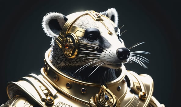 A raccoon with a gold helmet and armor stares off into the distance. Its fur is gray and black, and its eyes are wide and alert. It is a digital artwork with realistic details and a dramatic lighting effect.