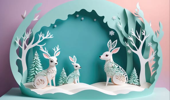 This is a paper art piece depicting a snowy forest scene with a white deer and a bunny sitting in the foreground, while another deer stands behind them. The scene is created with paper cutouts and includes trees, snow, and snowflakes. The colors are mostly white, blue, and pink, and the scene is lit by a soft, warm light.