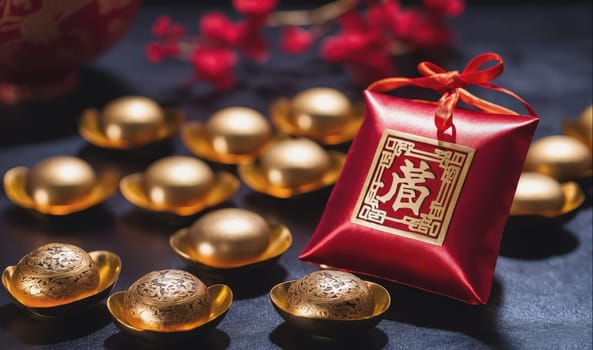 A red bag with a gold symbol, tied with a red ribbon, sits next to several gold coins on a dark blue surface. The gold coins are in a circular shape and have intricate designs on their surfaces.