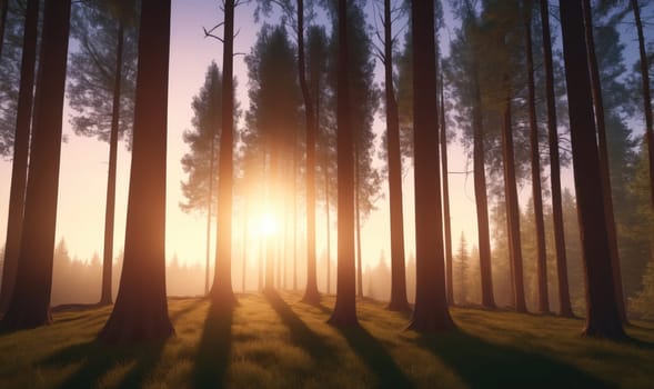 The sun shines through the tall trees of a misty forest. Long shadows stretch across the ground, illuminating the forest floor. The trees stand tall and strong, their silhouettes outlined against the bright sky. The air is filled with the scent of pine and damp earth. The image evokes a sense of peace and tranquility.