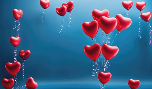 A group of red heart-shaped balloons are floating in front of a blue background. Some of the balloons have curled ribbons tied to them. The balloons are all floating towards the right side of the image.