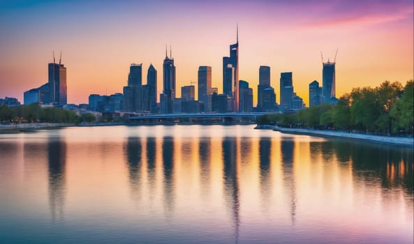 The image shows a cityscape with tall buildings reflected in the water. The sky is a vibrant orange and pink, creating a beautiful sunset. Trees line the riverbank on the right side of the image.