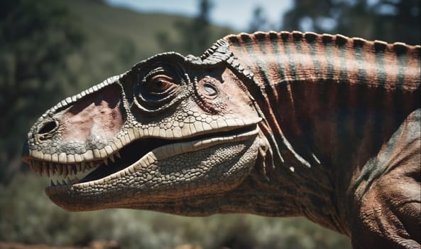 A close-up shot of a dinosaur's head, showing its sharp teeth and textured skin. The dinosaur's eyes are open and its mouth is slightly open, revealing its teeth. The background is blurred, focusing attention on the dinosaur's head. The dinosaur is likely a velociraptor, as it appears to be smaller than a tyrannosaurus rex, with long, slender legs, and a long, slender tail.