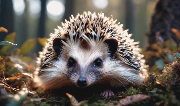 A hedgehog with a soft face and black eyes stares directly at the camera in an outdoor setting. The hedgehog is surrounded by green foliage and brown leaves. There is a soft glow of the sun through the trees in the background.