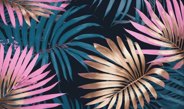 A colorful image of palm leaves against a dark background. One leaf is predominantly pink with some gold highlighting, while another is a deep gold. A teal-colored leaf is also in the image.