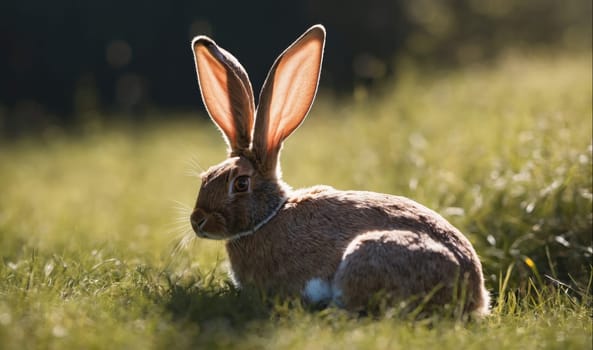 A brown rabbit with long ears is sitting in a field of green grass. The sun is shining brightly, and the rabbit is looking to the left. The grass is tall and lush, and the rabbit's fur is soft and fluffy.