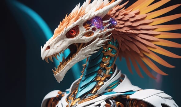 The image features a close-up of a robotic dragon with a white and gold body. The dragon's head is tilted slightly to the side, revealing its sharp teeth and open mouth. It has a blue and gold neck that is made up of several metal pieces, and a set of orange wings that are slightly spread out behind it. The dragon appears to be made of metal, and its surface is covered in detailed patterns and textures. It appears to be in a fighting pose.