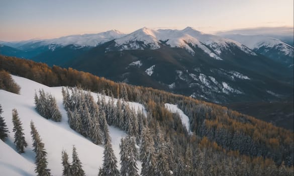 The image shows a snow-capped mountain range in the Carpathians. The foreground shows a row of evergreen trees covered in snow. The sky is a light blue with white clouds.