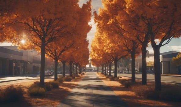 The image shows a street lined with tall trees. The trees are in full autumn foliage, with orange, yellow, and red leaves. The sun is shining, and the street is empty. There is a building in the distance, and the sidewalk is paved with concrete.