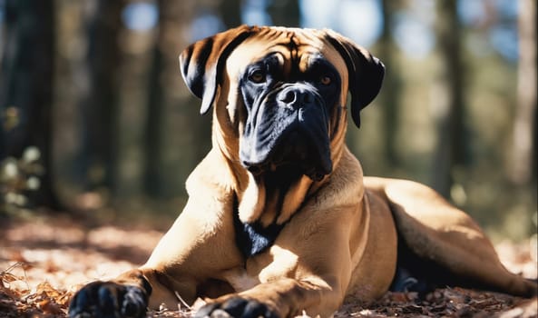 A large, tan and black bullmastiff lays on the ground in the woods. The dog has its head raised and is looking straight at the camera. The forest floor is covered in brown leaves and the sunlight is shining through the trees.