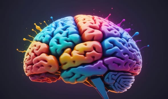 A 3D model of a human brain is rendered in a vibrant array of colors. The brain is depicted in a side view, with the lobes clearly defined. Paint splatters outwards from the surface of the brain, suggesting a burst of energy or creativity. The background is a dark gray, contrasting with the colorful brain.