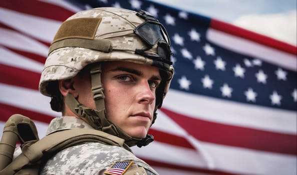 A soldier is standing in front of an American flag. The soldier is wearing a helmet and camouflage uniform. The flag is waving in the wind. The soldier is looking intently at the camera.