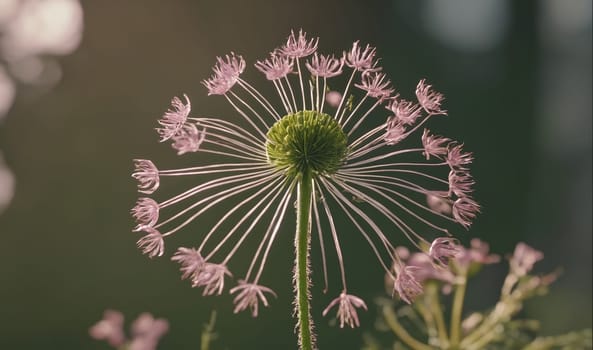 A delicate pink wildflower with many petals and a green center, caught in the light of a sunny afternoon. The flower is in focus and the background is blurry, which emphasizes the beauty of the flower.
